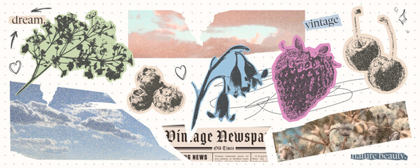 Vintage photo collage. Kit ellements for scrapbooking. Sky cutouts, newspaper, fruit and flower stickers with grunge texture. Retro old design.