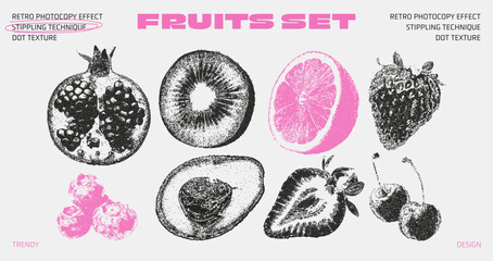 A set of fruits with photocopy effects. Made in the stippling technique with dot texture. Trendy retro grunge collage.