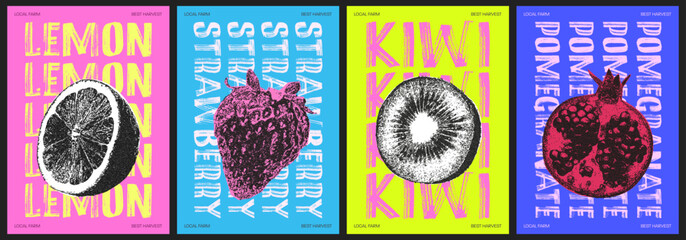 Trendy vibrant fruit posters. Grunge grain texture. Posters for fruit market, farm store, and more. 
