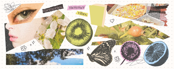 Vintage elements for collage and scrapbooking. Clippings of photos of nature, picnic, woman's face. Retro stickers with photocopy effect. 