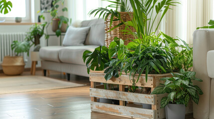 Living Room with Green Plants in Wooden Crate.
