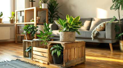 Cozy Living Room with Houseplants and Wooden Crates.