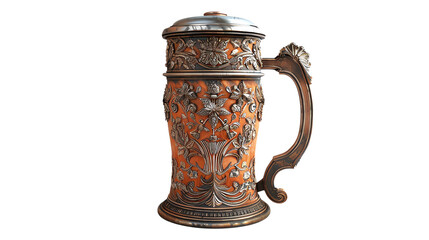 Ornate antique stein with intricate carvings and metallic lid, showcasing vintage craftsmanship and elegance. Ideal for collectors and history enthusiasts.