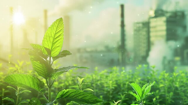 Decarbonization, featuring a vibrant green plant in the foreground with a CO2-emitting industrial chimney in the background, symbolizing the balance between industry and environmental sustainability. 