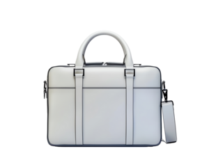 Stylish white leather laptop bag with a minimalist design, perfect for professional use and everyday carrying. High-quality and durable craftsmanship.
