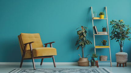 Stylish living room interior with yellow armchair, plants and te