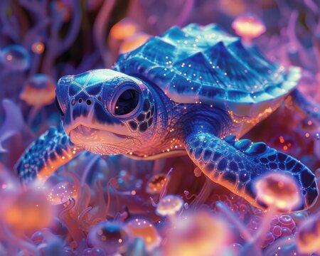 Create a surrealistic painting of a baby turtle swimming in a sea of glowing jellyfish.