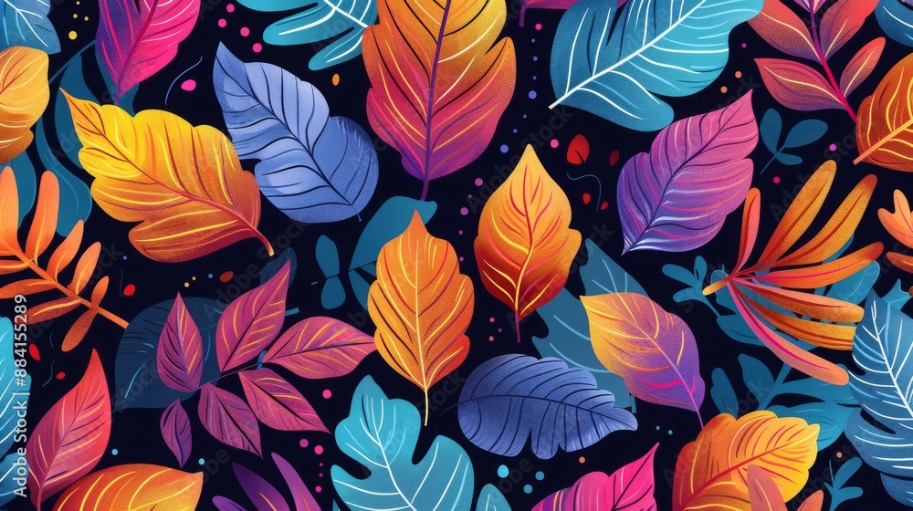 Poster colorful and vibrant seamless pattern with various types of leaves on a dark background