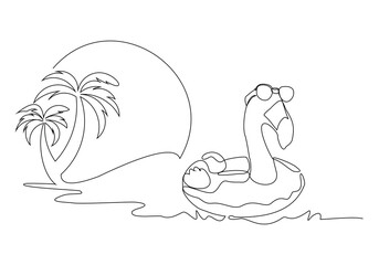 Continuous single one line drawing inflantable rubber flamingo toy summer beach palm coconut tree scene concept sketch drawing design vector graphic illustration.