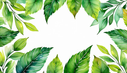 Frame with green leaves in watercolor style. Lush foliage. Natural botanical design. Hand drawn art