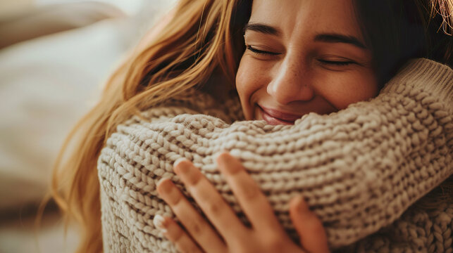 Close-up of a woman warmly embracing another person
