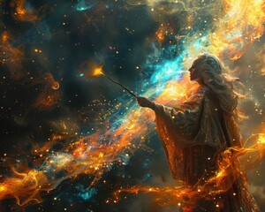 Create a surrealistic painting of a fairy godmother casting a spell with her wand, with magical sparkles and light surrounding her.