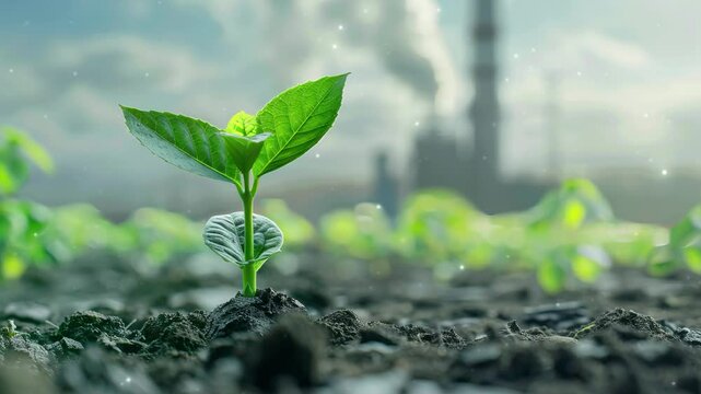 Decarbonization, featuring a vibrant green plant in the foreground with a CO2-emitting industrial chimney in the background, symbolizing the balance between industry and environmental sustainability. 