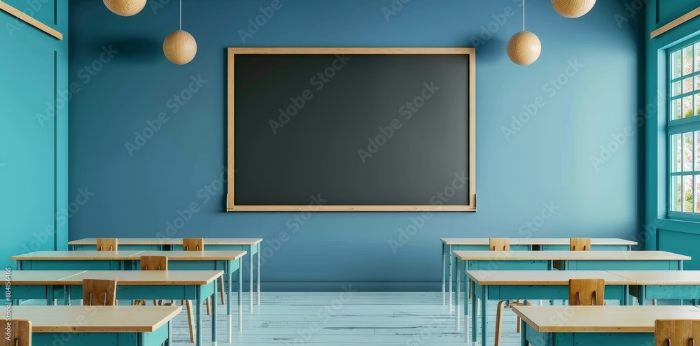 Leinwandbilder space on the blackboard for text in an empty classroom with desks and chairs.