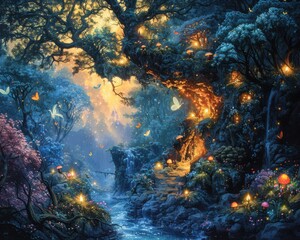 Obraz premium Create a surrealistic painting of a magical forest with glowing mushrooms and fairies flying around.