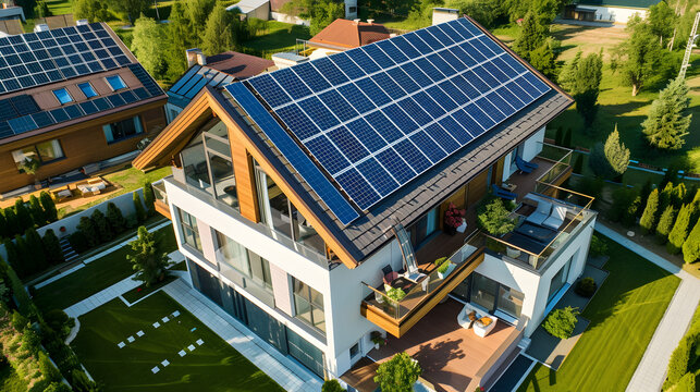 modern house with solar pannels full roof cover, view from top, focus on solar pannels on the roof, solar pannels