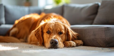 The charming calm dog is lying on the floor in the living room of a house.