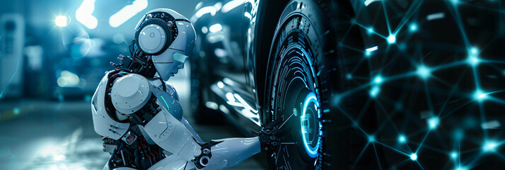 cyborg humanoid robot repairing car wheel in workshop, with connect digital technology triangle dots and lines data flow, vehicle, workshop, innovation and futuristic technology