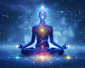 Create a surrealistic painting of a person meditating in a lotus position, with a glowing aura and chakras aligning in the background.