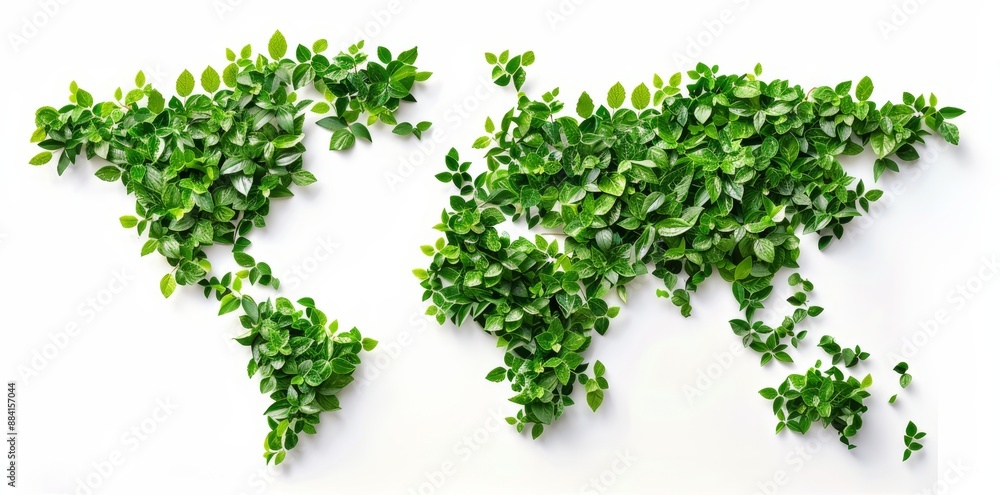 Poster ecological concept with globe map pattern and leaves on a white background.