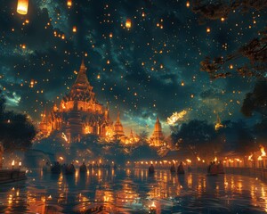 Obraz premium Create a surrealistic painting of an ancient temple with monks praying and floating lanterns filling the night sky.