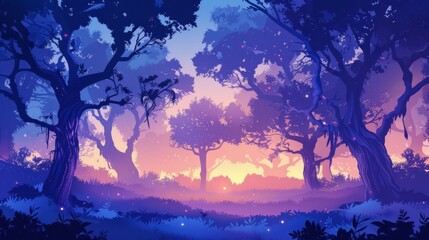 Obraz premium Mystical purple forest landscape with glowing plants and sunset