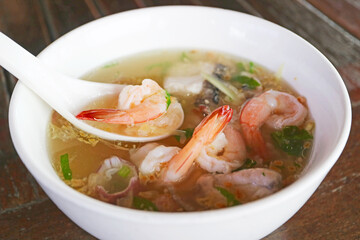 Closeup of Mouthwatering Chinese Style Seafood Rice Porridge