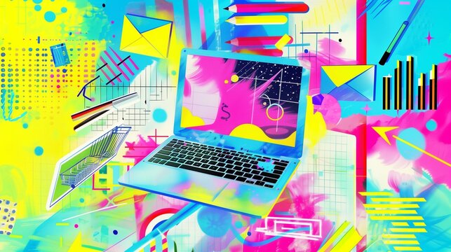 A high-contrast collage-style illustration showcasing a modern online marketing concept with an open laptop screen, symbolizing digital strategies and analytics.