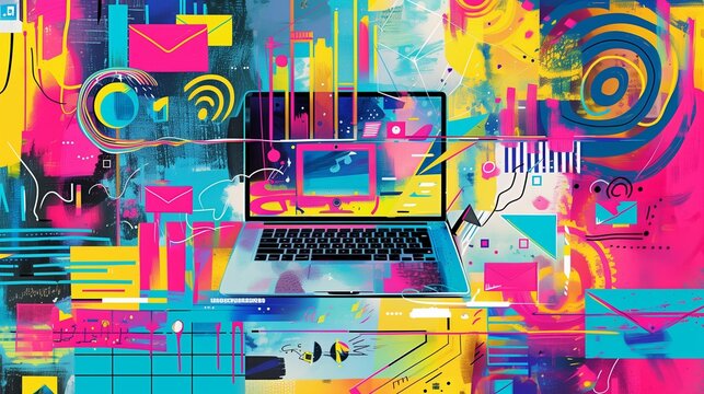 High-contrast illustration of a modern online marketing concept with an open laptop screen, showcasing digital marketing tools and analytics.