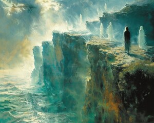 Create a surrealistic painting of a person standing at the edge of a mystical river, with spirits and ancestors appearing in the water's reflection.
