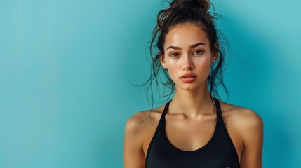 Fototapeta premium Female model in black sporty outfit on blue background, copy space