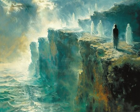 Create a surrealistic painting of a person standing at the edge of a mystical river, with spirits and ancestors appearing in the water's reflection.