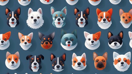 Seamless pattern of various colorful cartoon dog breeds on blue background