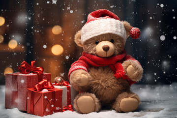 Festive Teddy Bear with Christmas Gifts and Snowfall. Generative AI