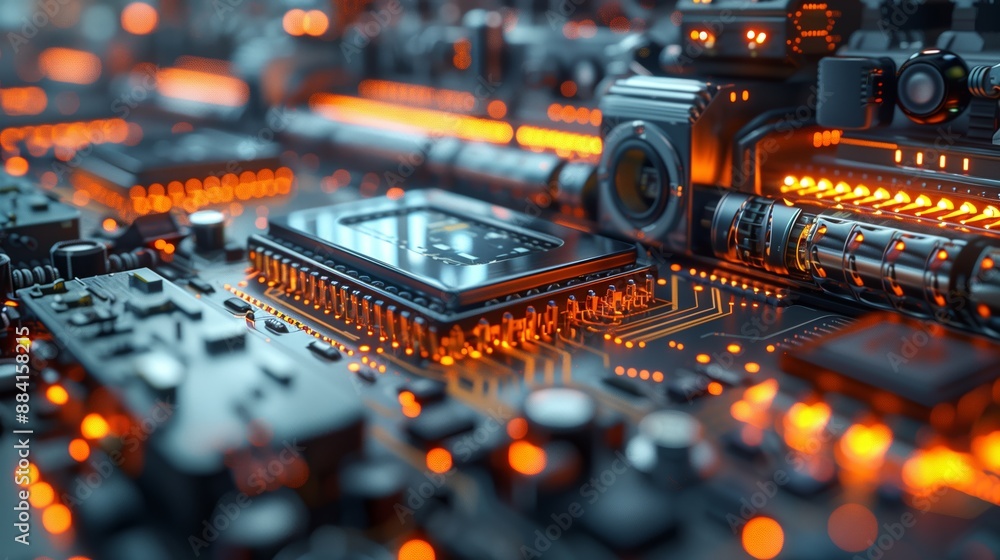 Aufkleber close-up of microchip on circuit board. detailed close-up of a microchip on a circuit board, showcas