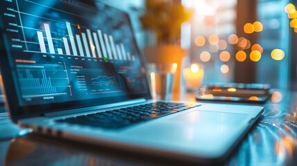 A laptop displaying various graphs and data.