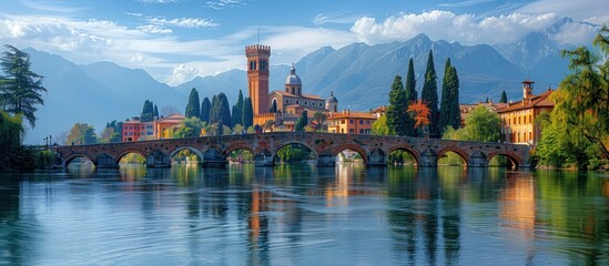 Fototapeta premium A beautiful city with a bridge over a river and a church in the background