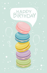 Happy Birthday greeting card with colorful macarons tower on blue background, vector illustration for celebration