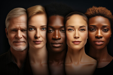 Fototapeta premium Diverse Group of People of Different Ages, Genders, and Races Together on a Black Background Representing Social Equality and Human Rights. Generative AI