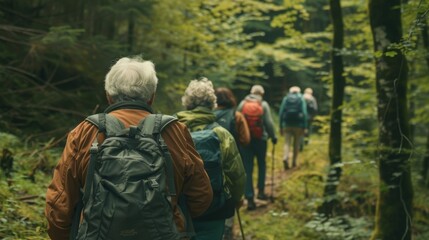 Fototapeta premium A group of elderly people walking in the forest