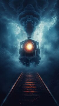 Glowing ghost train emerging from the misty forest, creating a spooky and eerie Halloween atmosphere.