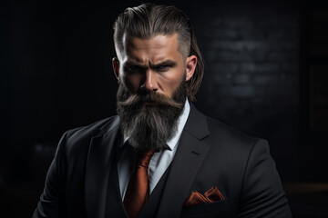 Strong Confident Businessman with Beard in Elegant Suit Posing in Luxurious Dimly Lit Room, Alpha Male Concept. Generative AI