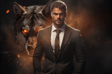 Strong Confident Businessman in Elegant Suit Posing in Luxurious Dimly Lit Room, Alpha Male Concept. Generative AI