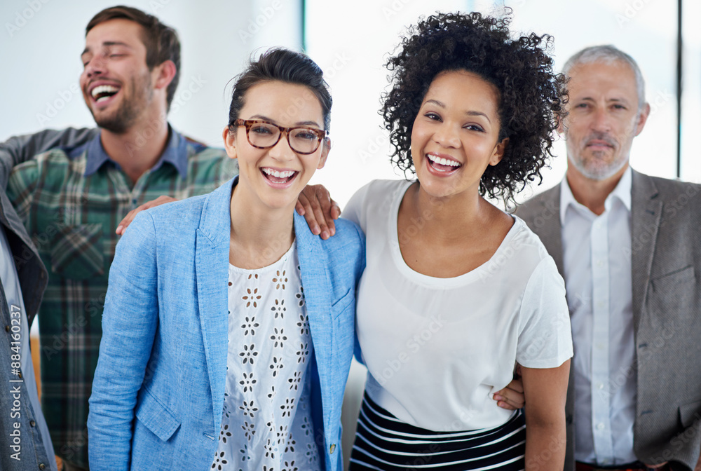 Sticker Women, portrait and smile for creative business, happiness and people together in office for teamwork collaboration. Company, employees and support for work goals, diversity and professional mission