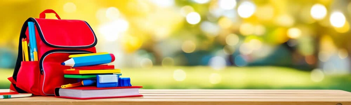 Red backpack filled with school supplies, including notebooks, pencils, and pens on a wooden table outdoors. Back to school concept. Copy space template web banner background