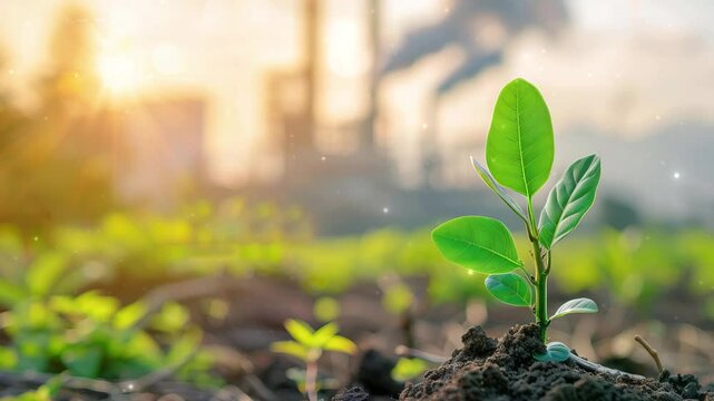 Decarbonization, featuring a vibrant green plant in the foreground with a CO2-emitting industrial chimney in the background, symbolizing the balance between industry and environmental sustainability. 