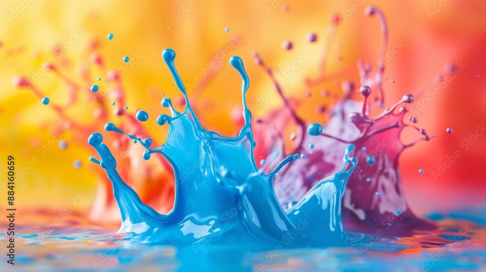 Poster multicolored paint splashes creating vibrant patterns and shapes