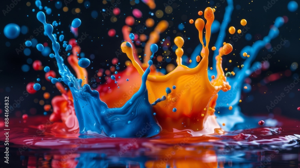 Poster blue and orange paint colliding and splashing in slow motion creating a colorful abstract pattern