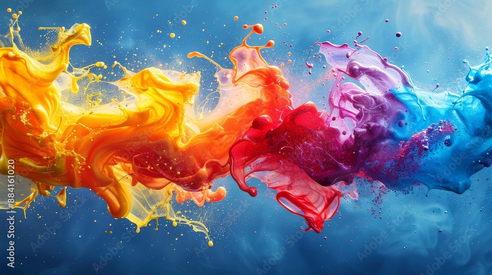 Poster abstract colorful paint splashing in slow motion capturing the beauty of fluid dynamics
