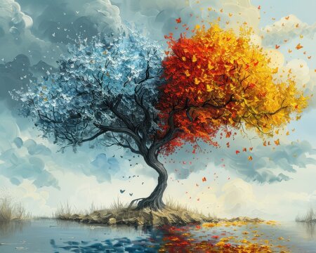 Create a surrealistic painting of a tree that grows in the shape of a heart, with leaves that change colors with the seasons.